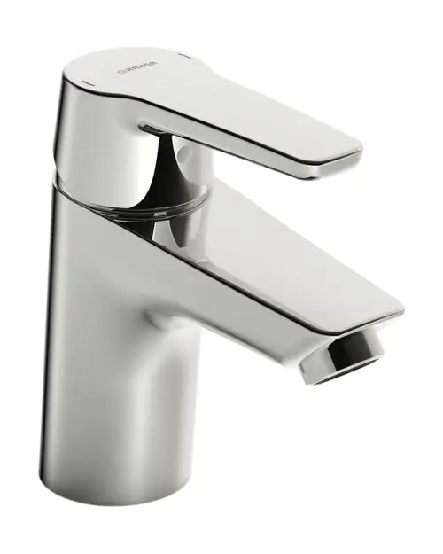 Einhebelmischer für Waschtisch mit glänzender Oberfläche, markiert mit rot und blau für Temperatursteuerung. Marke HANSA, schlichten Design ohne erkennbare Maße.